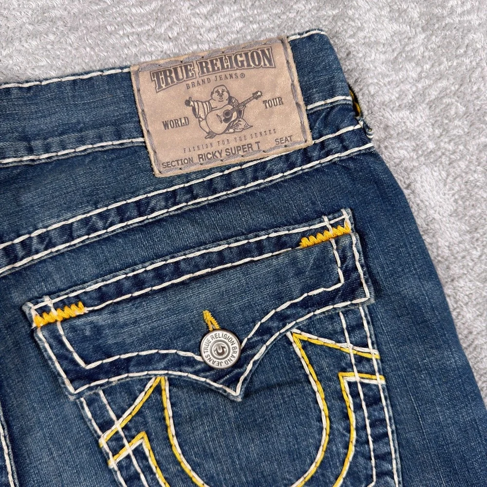 True Religion Jeans Mens 38x34 Ricky Super T Straight Leg Blue Distressed Denim